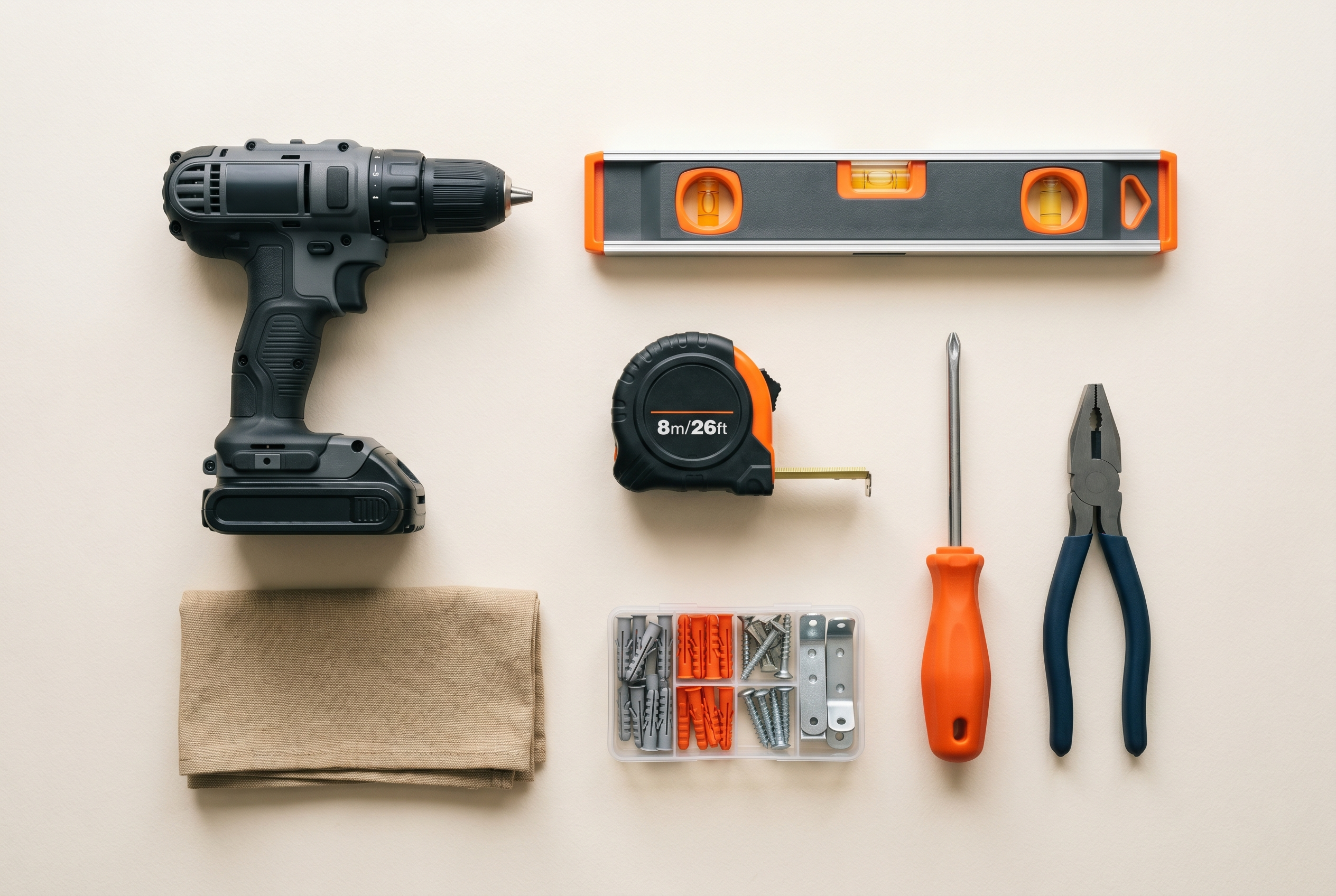 Greater Manchester Handyman tools laid out neatly — cordless drill, spirit level, tape measure, screwdriver and pliers